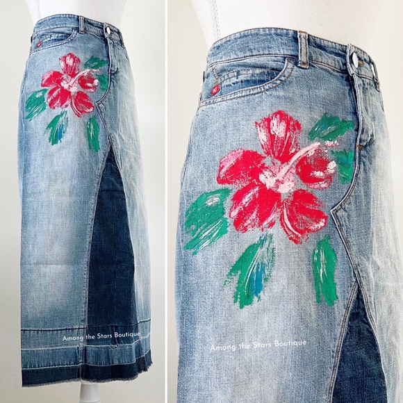 Extremely Rare Vintage Denim Floral Maxi Skirt ASO Phoebe Buffay in Friends - Picture 9 of 11